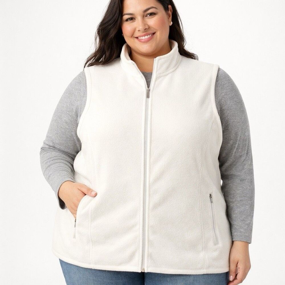 Karen Scott Sport Fleece Vest Women’s 3X Cream Full Zip Pockets Plus Size Jacket